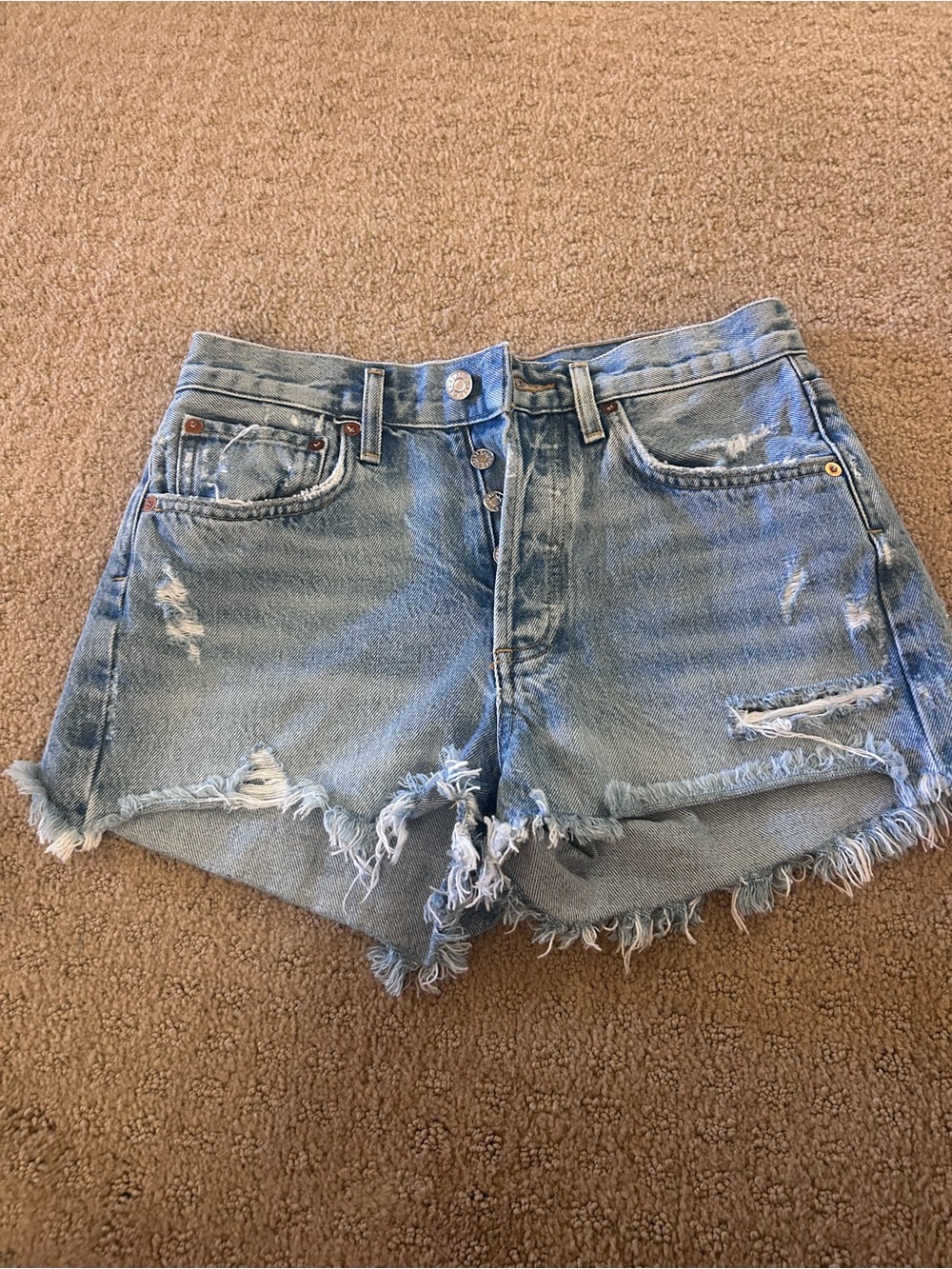 Agolde parker size 24 Light Blue Distressed High-Waist Denim Shorts
